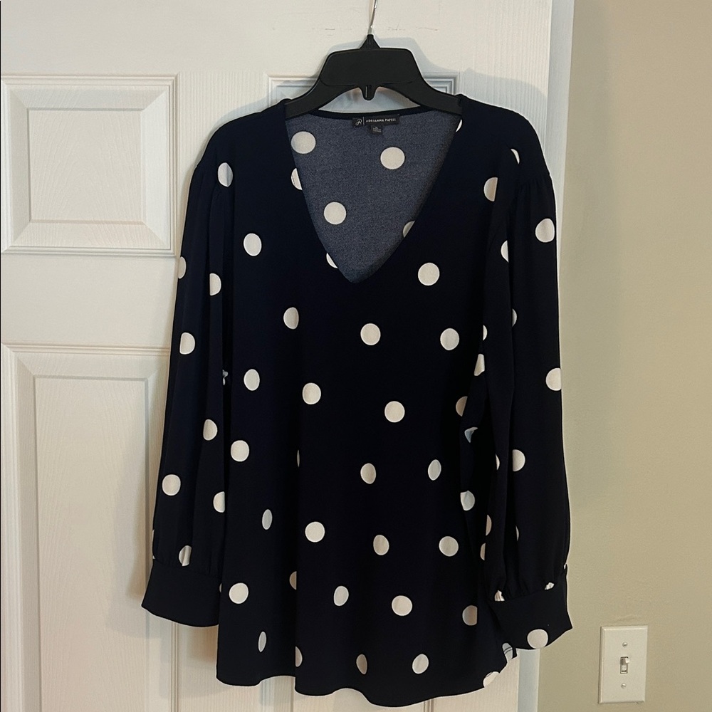 Adrianna Papell Navy and White Polka Dot Blouse